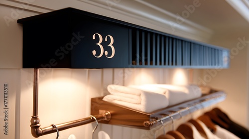 identification. Elegant house nameplate on a wooden door beside a neatly arranged shoe rack. lifestyle magazines, social media lookbooks, designed for lifestyle magazines and social media content.