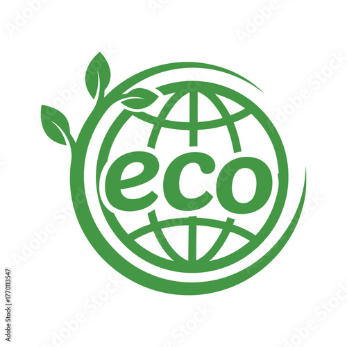 Green eco globe symbol with leaves representing sustainability and environment, vector art, symbolic Logo
