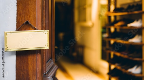 identification. Elegant house nameplate on a wooden door beside a neatly arranged shoe rack. lifestyle magazines, social media lookbooks, designed for lifestyle magazines and social media content.