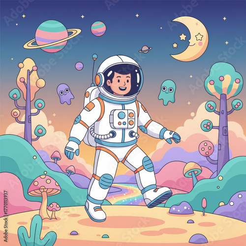 Cute Cartoon Astronaut Exploring a Psychedelic Fantasy Alien Planet Landscape with Colorful Trees, Mushrooms, Floating Ghosts, Saturn, and a Smiling Crescent Moon - Whimsical Vector Illustration
