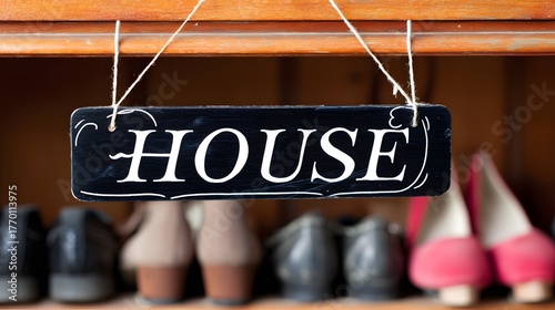identification. Elegant house nameplate on a wooden door beside a neatly arranged shoe rack. lifestyle magazines, social media lookbooks, designed for lifestyle magazines and social media content.