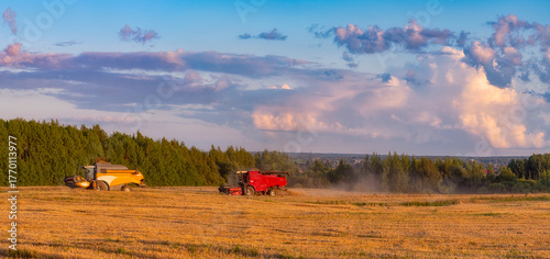 landscape with two combine autumn panorama