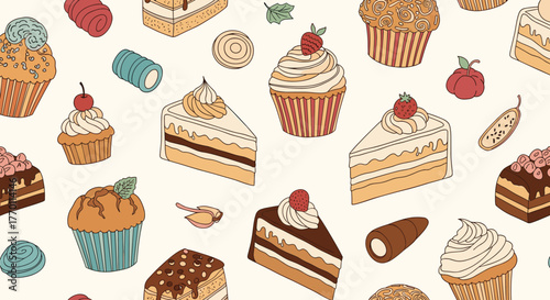 Hand-drawn seamless pattern featuring a delightful assortment of sweet bakery treats and desserts on a light cream background, perfect for culinary themes.