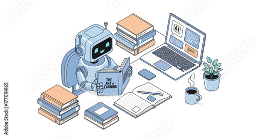 Smart robot learns with books and AI laptop for modern education and technology concepts in a clean office, demonstrating the future of learning