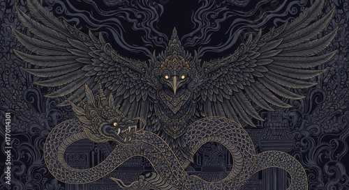 Powerful Mythological Bird and Dragon in Intricate Dark Illustration