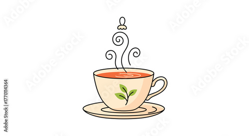 A charming illustration of a steaming cup of hot tea with a decorative leaf design on a saucer, perfect for a cozy beverage theme.