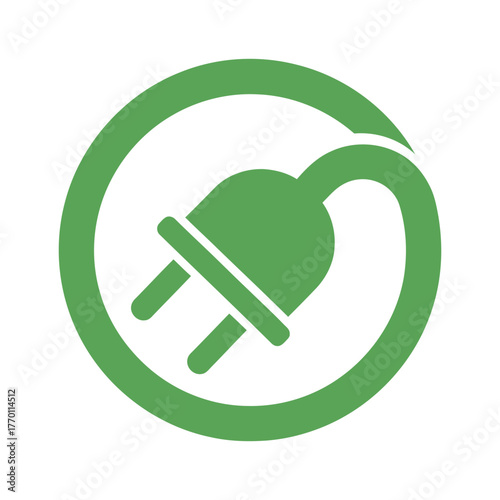 Green electric plug symbol inside an oval for sustainability and eco friendly energy, vector art, symbolic Logo