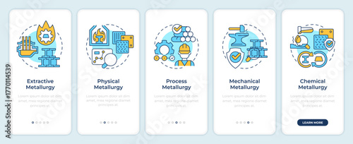 Types of metallurgy onboarding mobile app screen. Metalworks. Walkthrough 5 steps editable graphic instructions with linear concepts. UI, UX, GUI. Montserrat SemiBold, Regular fonts used
