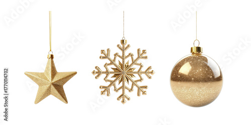 Golden hanging Christmas ornaments with star, snowflake and ball isolated on transparent background