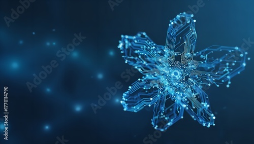 Digital snowflake design: Intricate network of blue circuit board elements evoking winter technology themes.