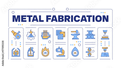 Metal fabrication word concept isolated on white. Metalwork industry. Ironmaking technology. Creative illustration banner surrounded by editable line colorful icons. Hubot Sans font used