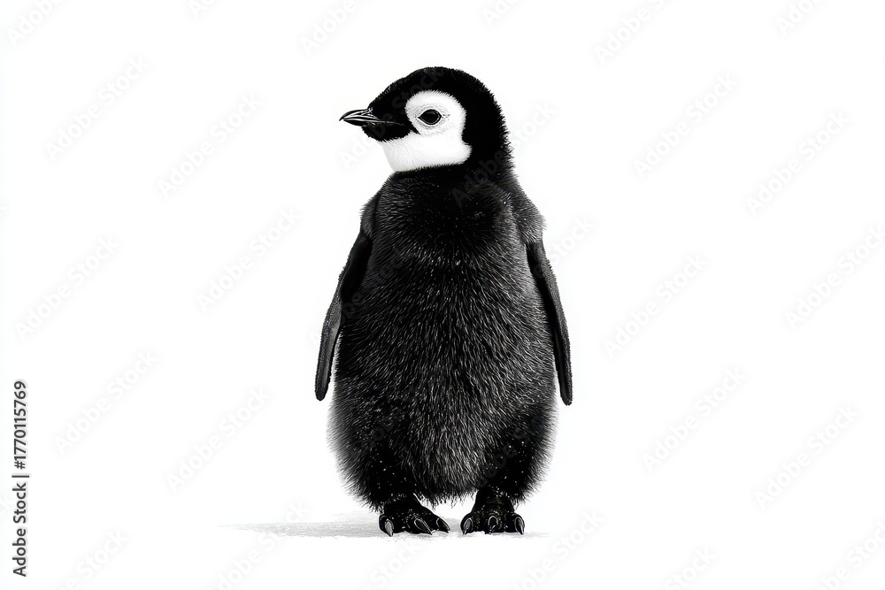 Obraz premium Cute penguin stands proudly on white background showcasing its simple black and white design, embodying charm and innocence in a minimalistic aesthetic