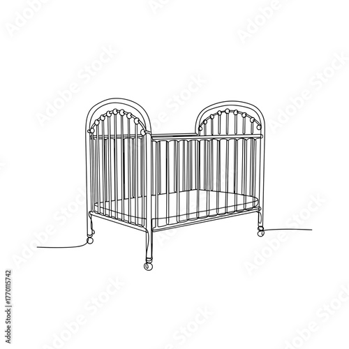 Vintage metal baby crib on wheels in minimalist line art style