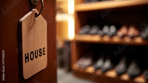 identification. Elegant house nameplate on a wooden door beside a neatly arranged shoe rack. lifestyle magazines, social media lookbooks, designed for lifestyle magazines and social media content.