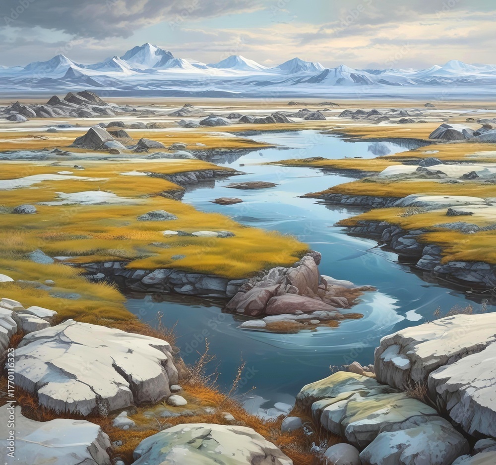 Fototapeta premium Panoramic tundra landscape with permafrost polygons, lichens, mosses