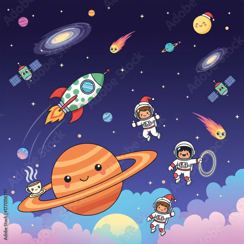 Cute Christmas Space Adventure with Cartoon Astronauts Wearing Santa Hats, Smiling Planets, Spotted Rocket Ship, Comets, Galaxies, and Satellites on a Starry Dark Background - Holiday Vector Illustrat