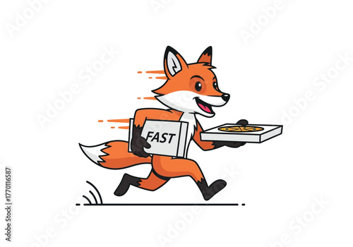 A cute cartoon fox mascot running quickly to deliver two pizza boxes for a fast food service.