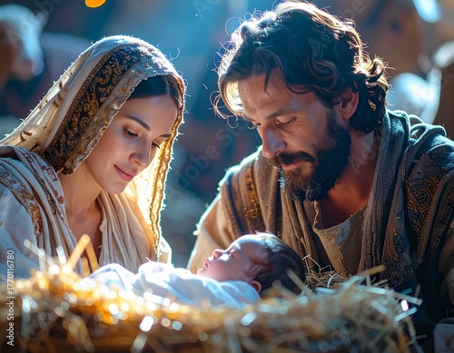 Baby Jesus, Mary, and Joseph. Christmas Scene