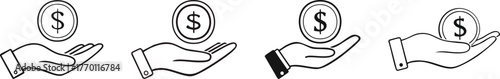 Hand holding dollar coin minimal thin line art icon for salary income finance payment concept design