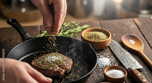 Seasoning a steak fillet in a cast iron pan with spices and herbs