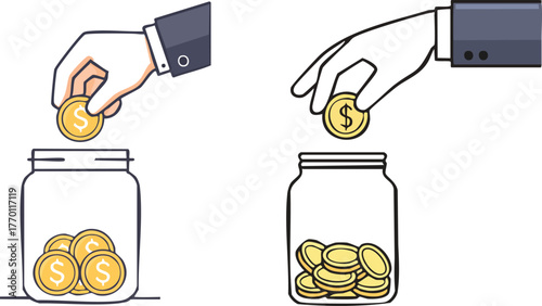 Hand putting coin into jar minimal line art savings investment concept for financial education design