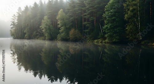 Serene forest reflections cast on the tranquil lake surface in the mist