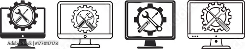 Maintenance mode icon monitor with wrench and gear minimal outline representing repair settings update