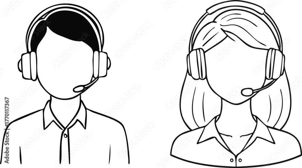 Fototapeta premium Customer service agent with headset minimal outline icon representing support communication call center
