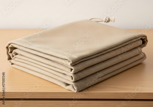Stacked tan canvas pouches with drawstring on a bright, modern surface