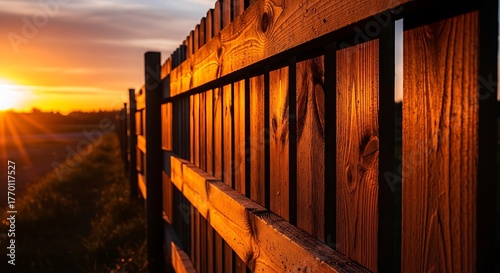 Tranquil sunset scene featuring wooden fence and countryside backdrop