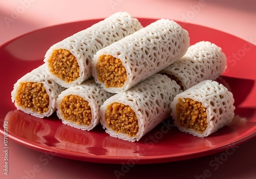 Highly detailed close-up of Sri Lankan lace lavariya on a red plate.