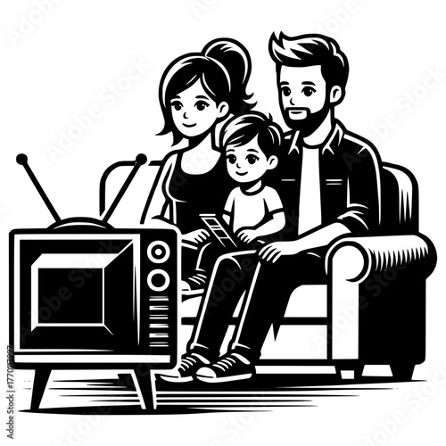 A Young family watching tv with little boy, people sitting on a sofa in a living room in front of the television black vector icon with transparent background 