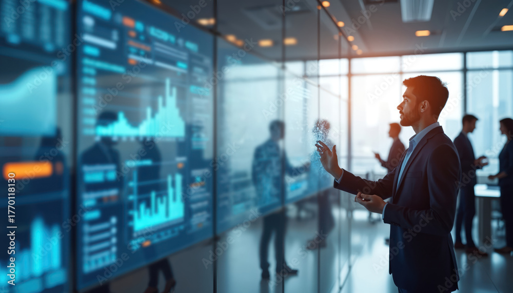 Fototapeta premium Business team in modern office space examines data on interactive tech boards. Man in suit interacts with digital display. Colleagues discuss analytics brainstorming future strategy.