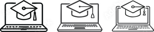 Online education laptop with graduation hat minimal line art digital learning e-learning concept design