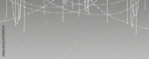 Christmas and New Year glowing garlands of bulbs and lights. Design element for holiday cards, backgrounds, business cards, vector png on transparent background.