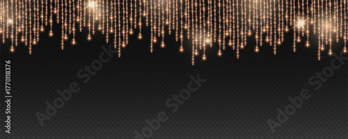 Christmas and New Year glowing garlands of bulbs and lights. Design element for holiday cards, backgrounds, business cards, vector png on transparent background.