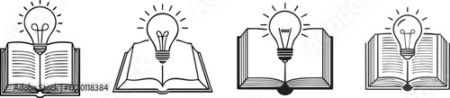Book with light bulb minimal modern line icon representing reading knowledge inspiration clean vector