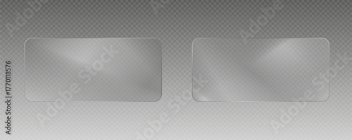 Transparent glass effect, realistic window mockups, mirror set, glass showcase on transparent background, vector png. Glass banner, acrylic smooth surface.	
