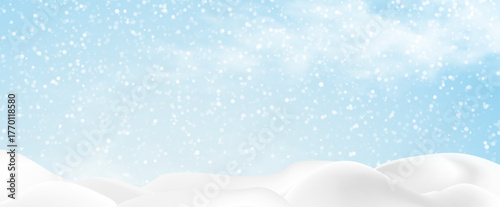 Snowdrifts, winter background for banners, advertising, and postcards. Winter landscape with snow-covered hills, falling snow, blizzard, snowstorm, vector, 3D effect.