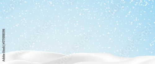 Snowdrifts, winter background for banners, advertising, and postcards. Winter landscape with snow-covered hills, falling snow, blizzard, snowstorm, vector, 3D effect.
