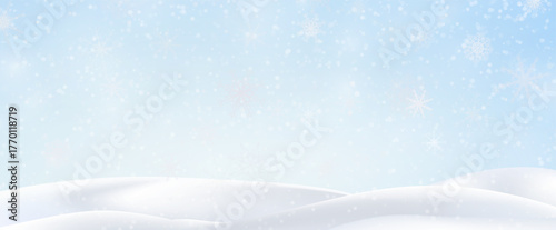 Snowdrifts, winter background for banners, advertising, and postcards. Winter landscape with snow-covered hills, falling snow, blizzard, snowstorm, vector, 3D effect.