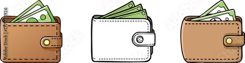 Wallet with cash minimal thin outline finance icon representing savings income black line clean design