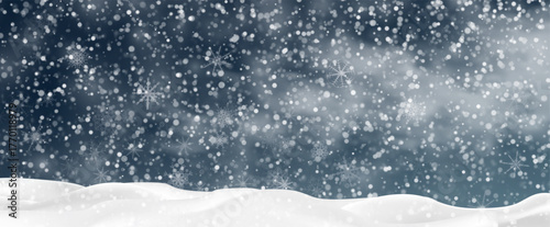 Snowdrifts, winter background for banners, advertising, and postcards. Winter landscape with snow-covered hills, falling snow, blizzard, snowstorm, vector, 3D effect.