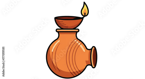 Chess pawn with crown and burning candle in candlestick beside antique clay pottery objects