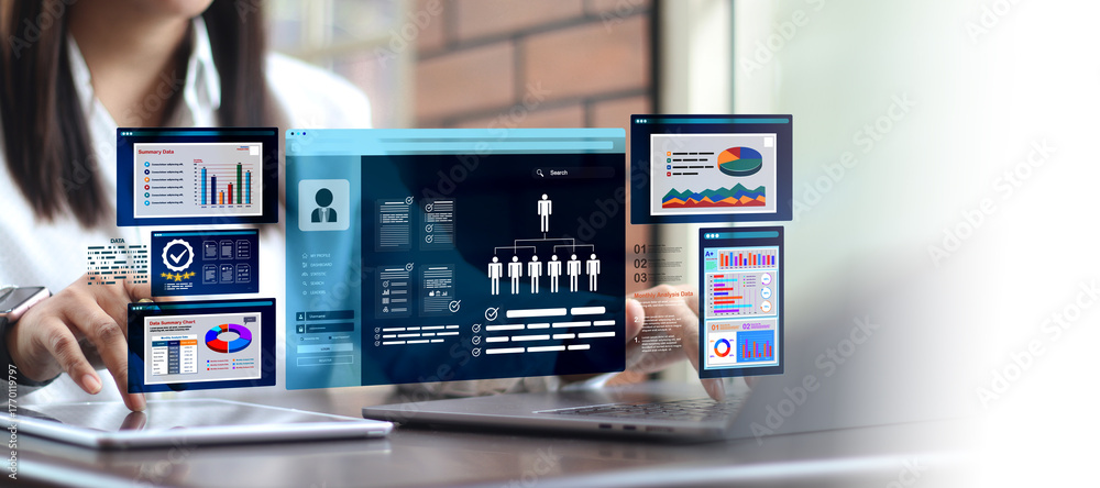 Naklejka premium Marketer using digital marketing dashboard with charts, pie graphs, organization chart, and performance data. Concept of business analytics and strategic planning.