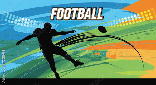 Dynamic Vector Illustration of an American Football Player Kicking the Ball with a Silhouette on a Vibrant, Abstract Stadium Background.