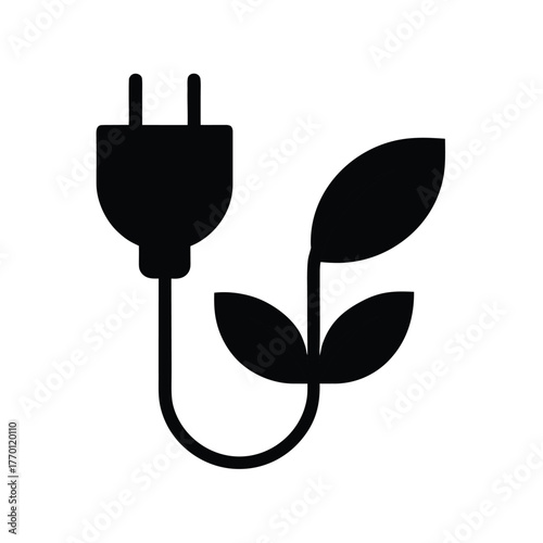 Minimal electric plug with leaf eco energy silhouette vector clean design for green power concept