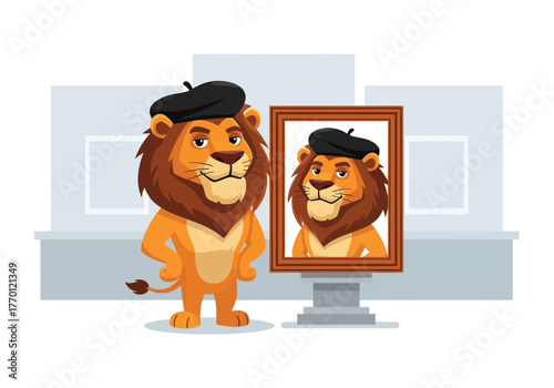 A proud cartoon lion artist wearing a beret stands next to his self-portrait in an art gallery.