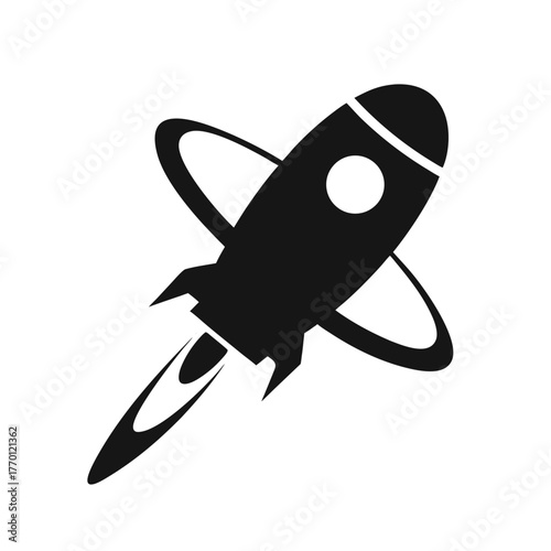 Minimal rocket with planet ring silhouette vector simple cosmic travel art on white background