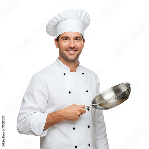 Smiling man wearing a chef's uniform and toque, holding a metal frying pan, isolated on black
